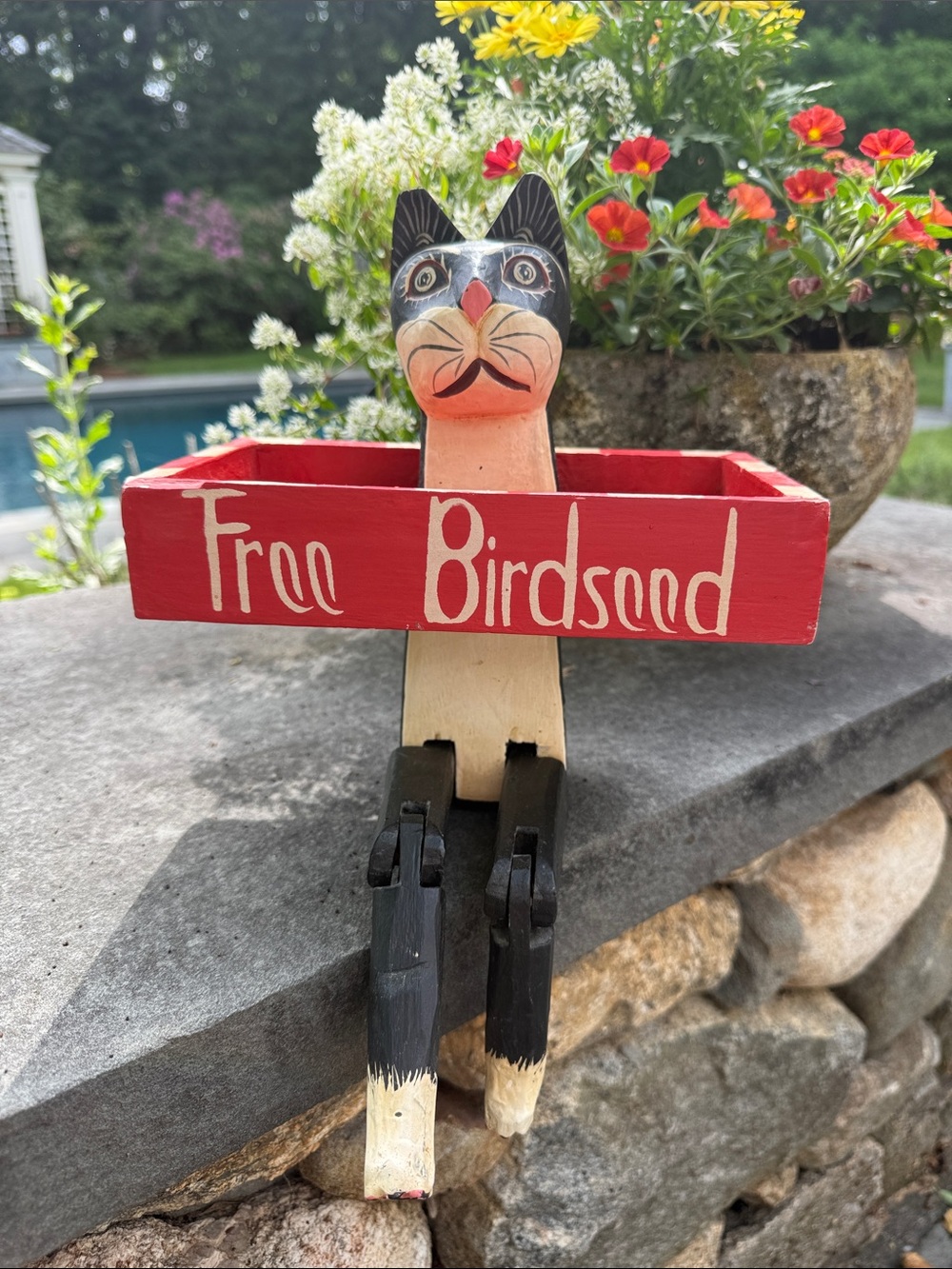 Handpainted Wooden Cat 'Free Birdseed' Shelf Sitter or Feeder - Picture 1 of 5